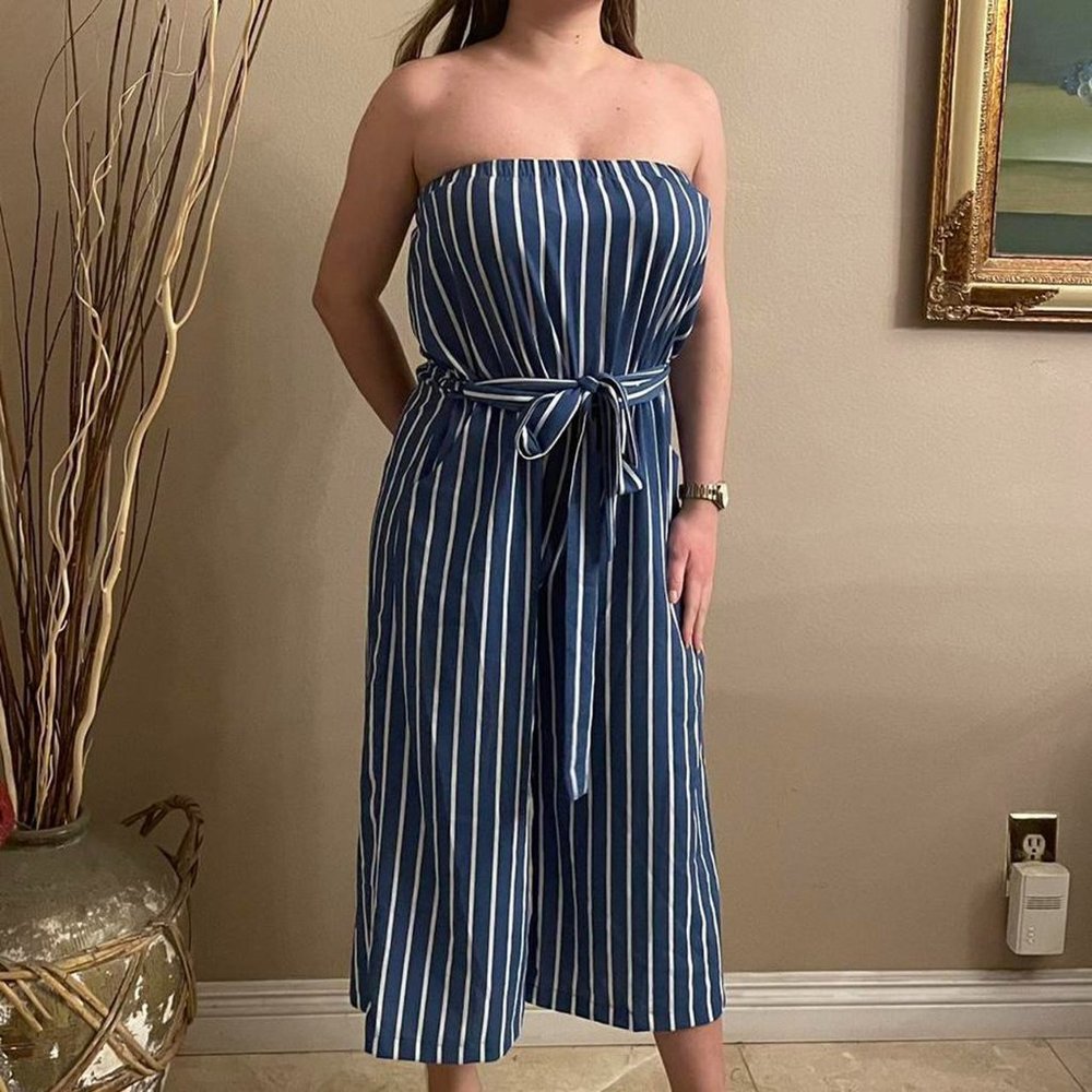 Blue, White Striped Strapless Jumpsuit
